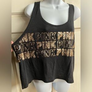 Victoria’s Secret PINK Black Silver Sequin Logo Racerback Tank Top Large